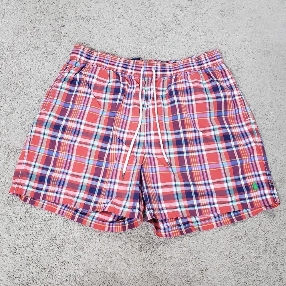 Polo Ralph Lauren Swim Shorts Men XL Red Madras Plaid Trunks Swimsuit Lined VTG